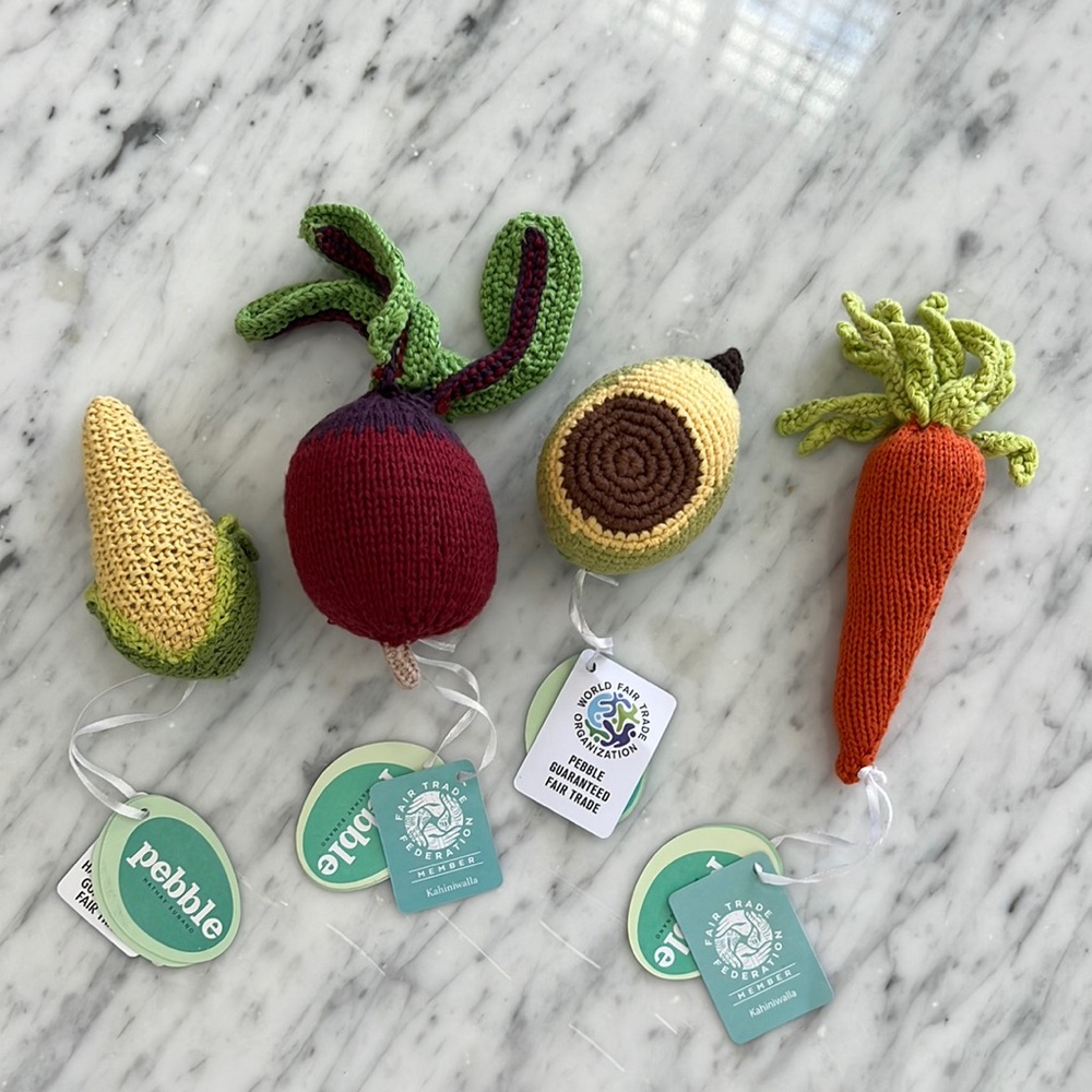 New Pebble brand Crocheted Vegetable Rattle Toys Corn Radish Avocado Carrot